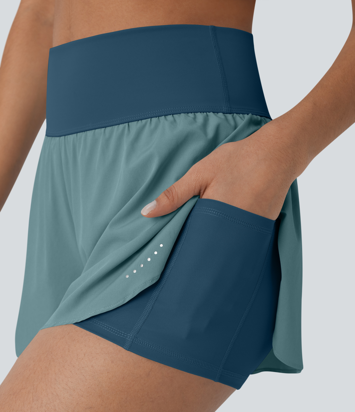 QuickDry High Waisted Reflective Dots Crossover Hem 2-in-1 Pockets Running Shorts