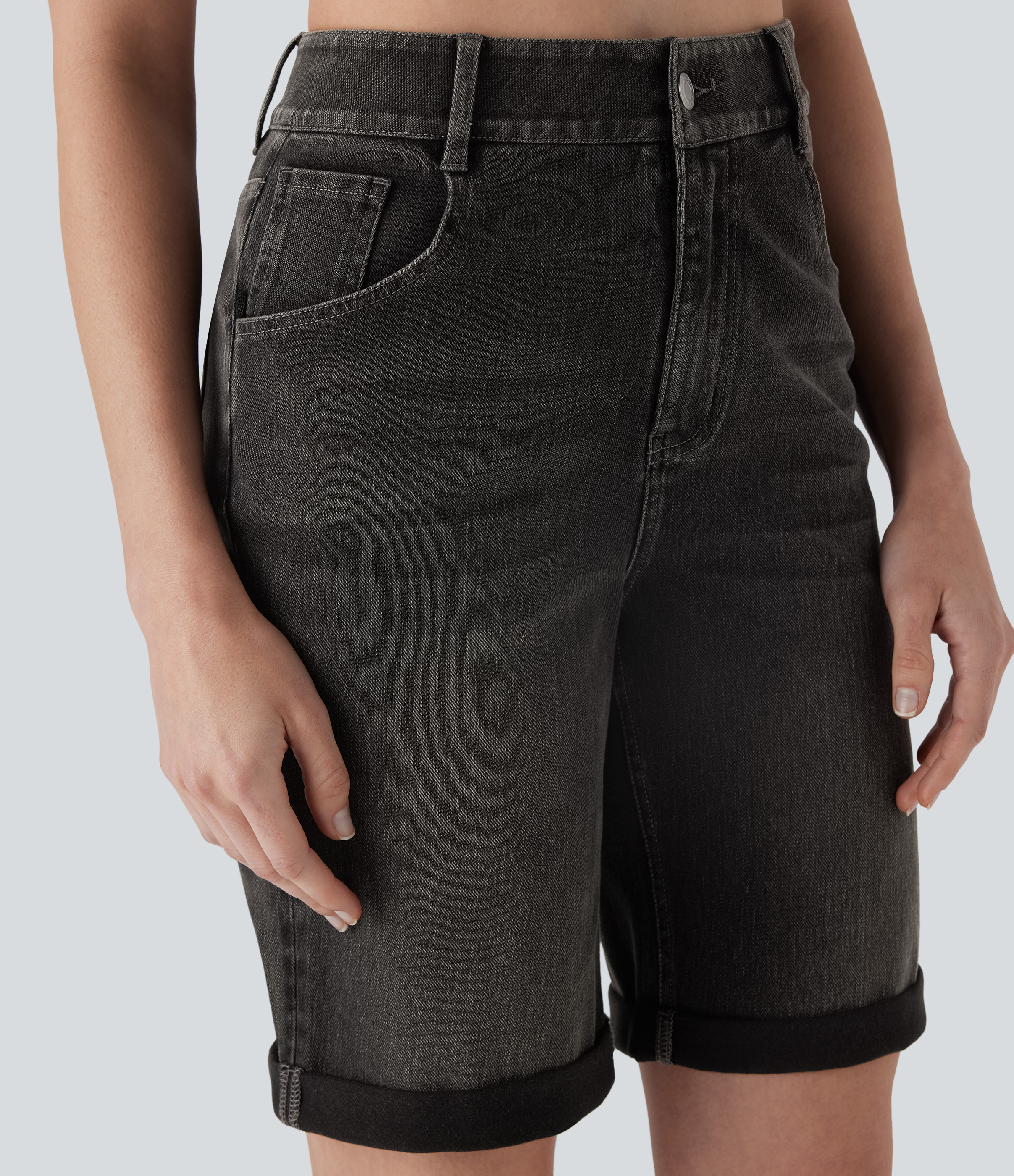 High Waisted Pockets Rolled Hem Washed Denim Casual Bermuda Shorts