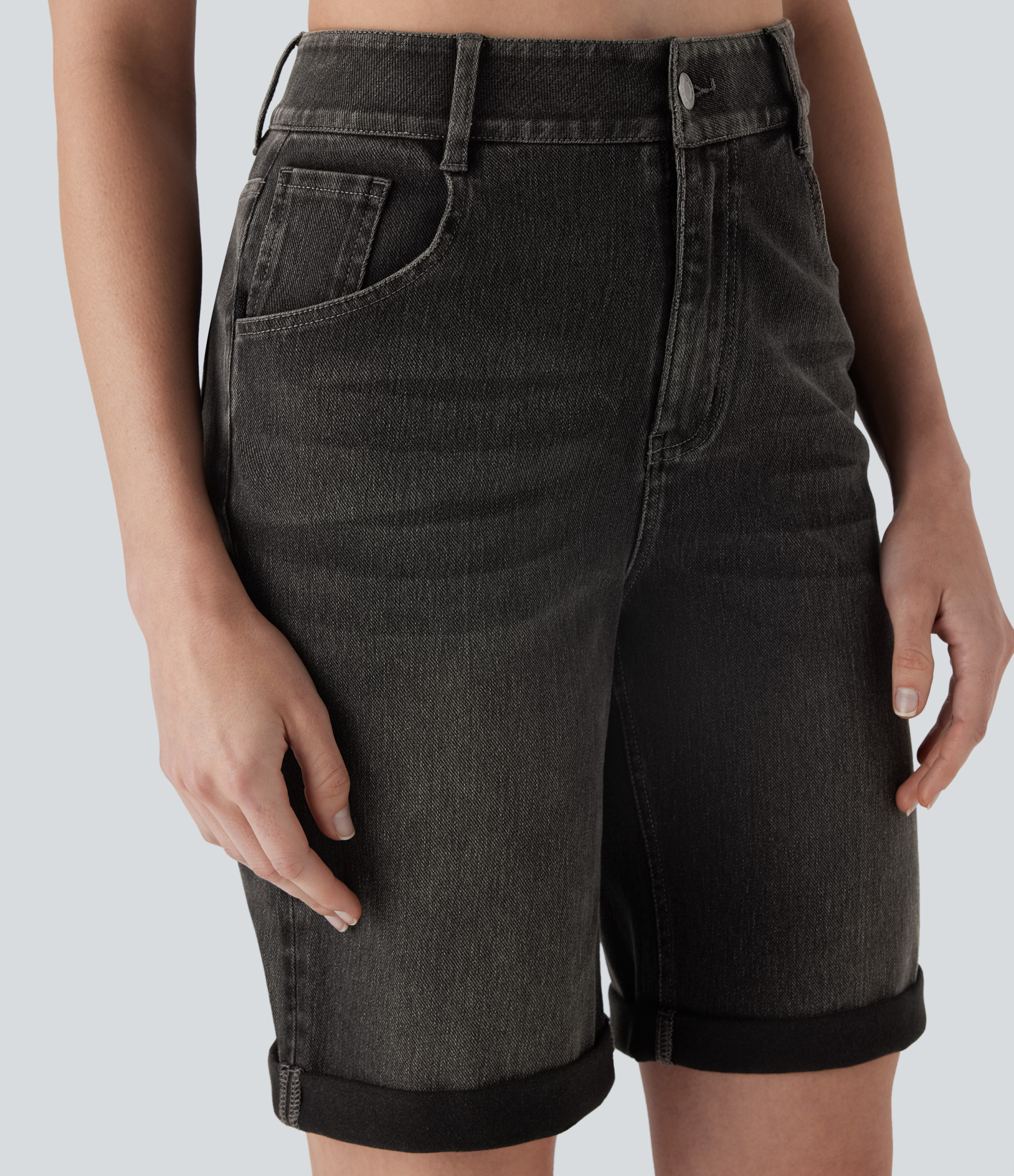 High Waisted Pockets Rolled Hem Washed Denim Casual Bermuda Shorts