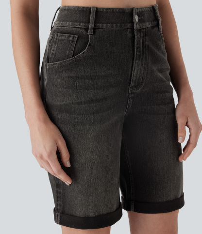 High Waisted Pockets Rolled Hem Washed Denim Casual Bermuda Shorts