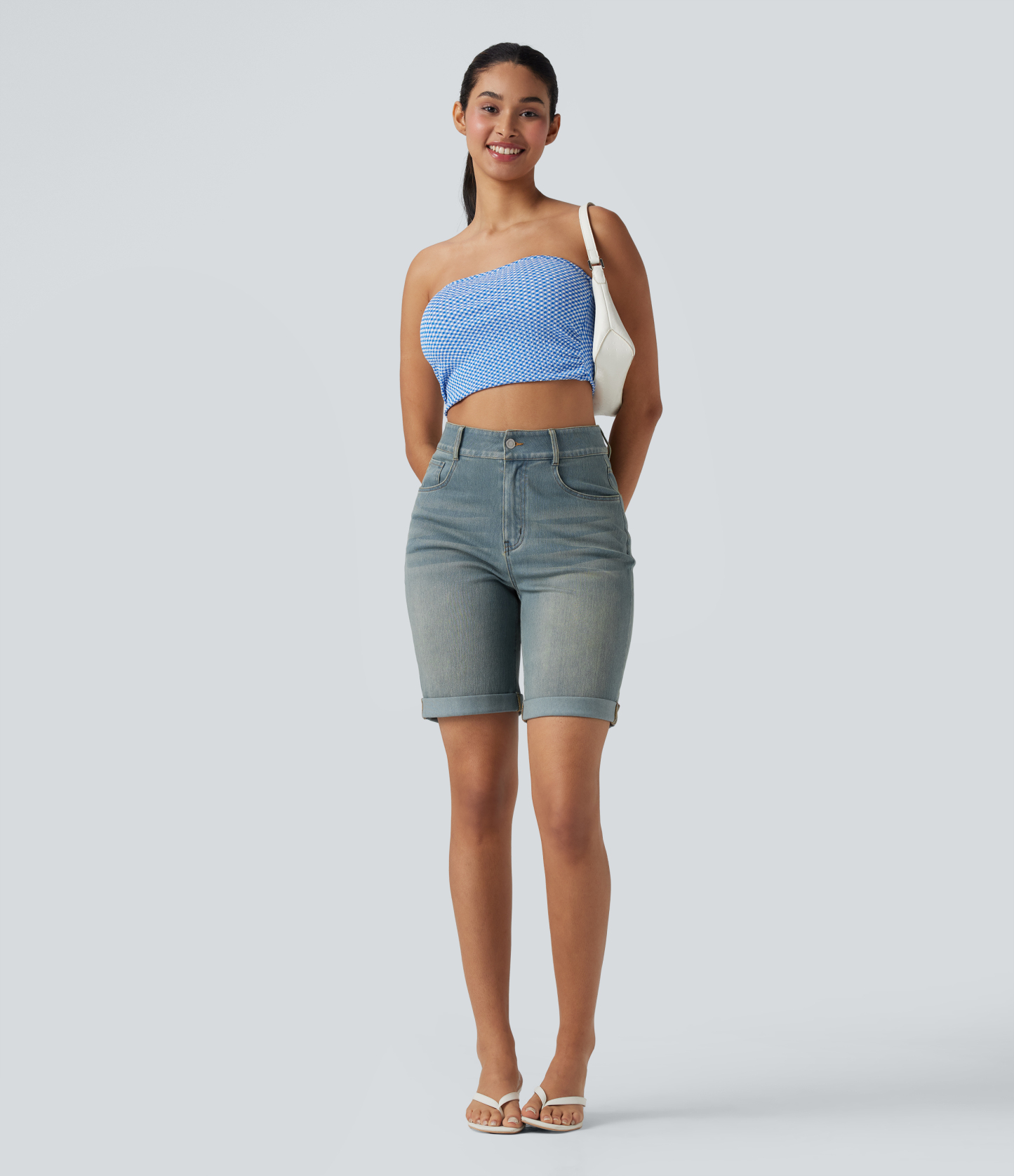 High Waisted Pockets Rolled Hem Washed Denim Casual Bermuda Shorts
