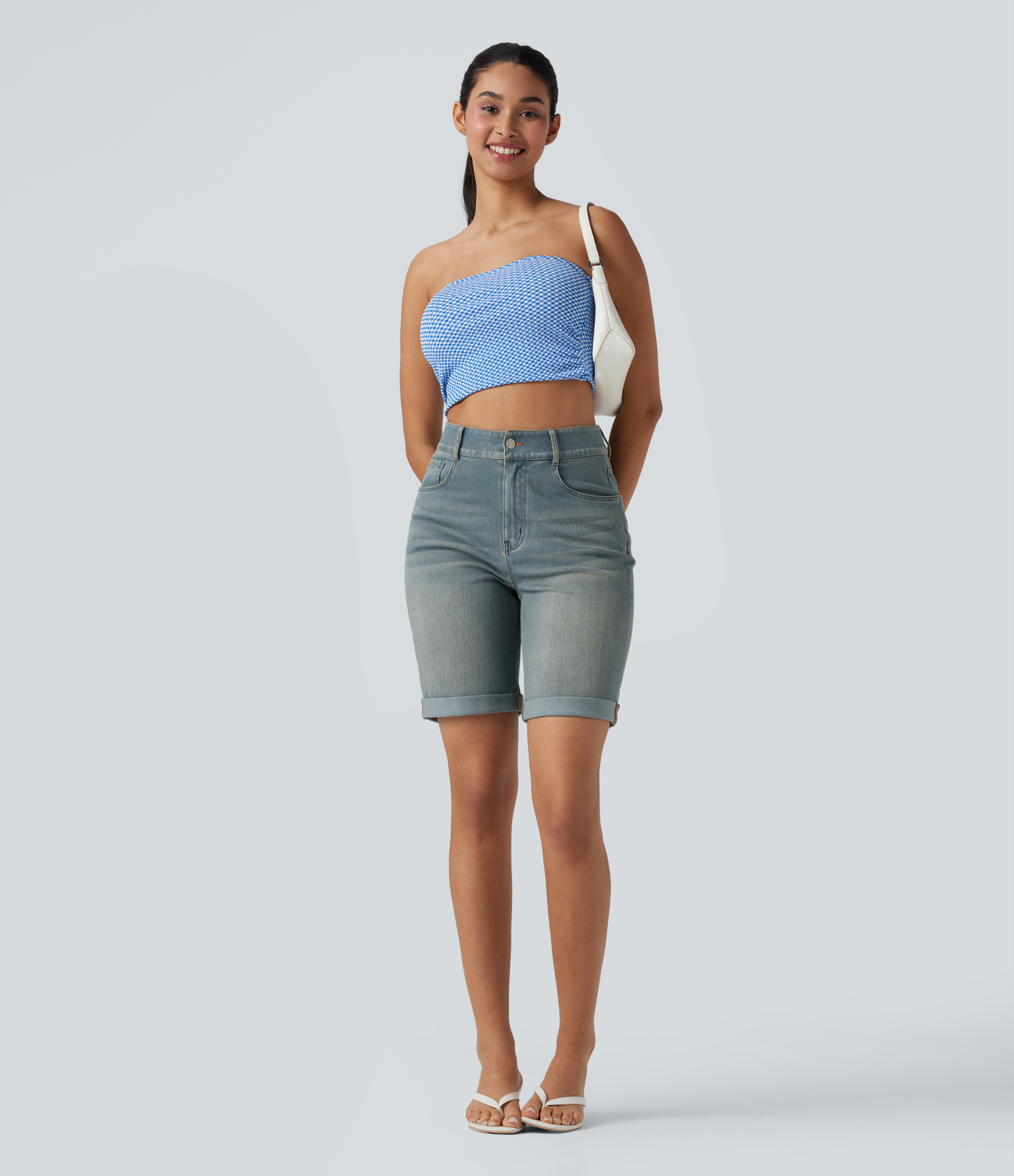 High Waisted Pockets Rolled Hem Washed Denim Casual Bermuda Shorts