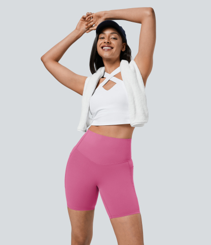 SoCinched High Waisted Tummy Control Pocket Shaping Training Biker Shorts 7''