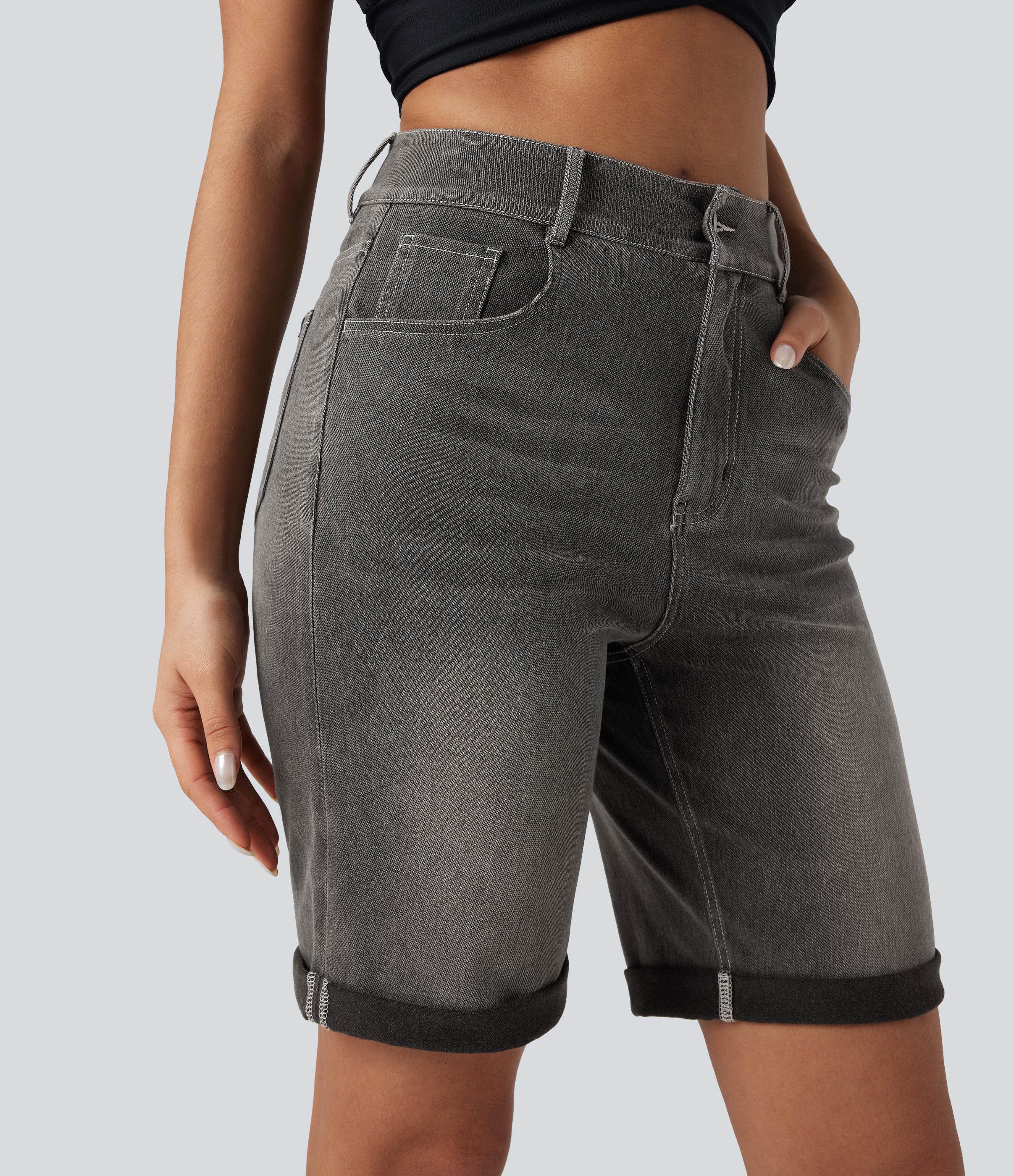 High Waisted Pockets Rolled Hem Washed Denim Casual Bermuda Shorts