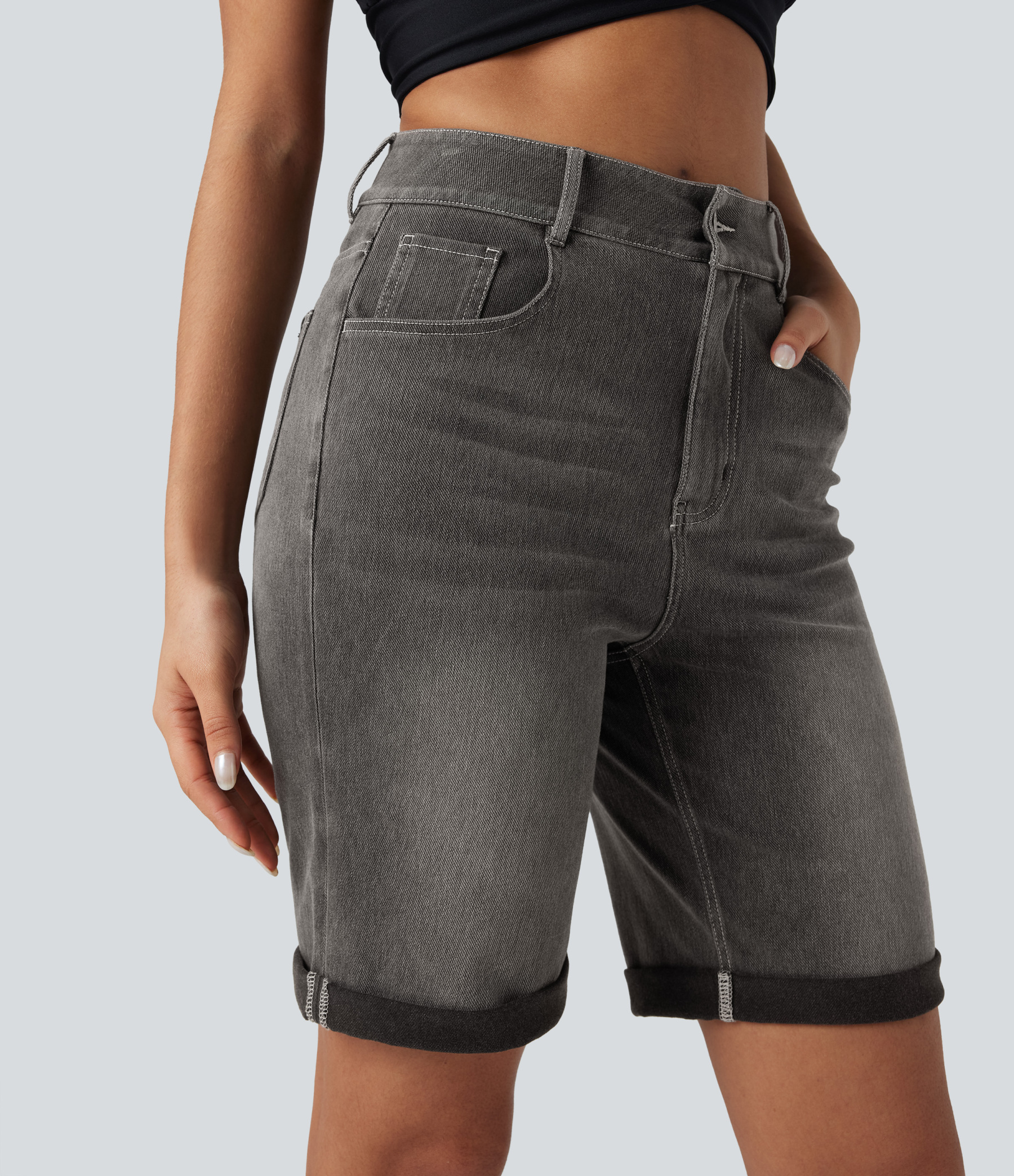 High Waisted Pockets Rolled Hem Washed Denim Casual Bermuda Shorts