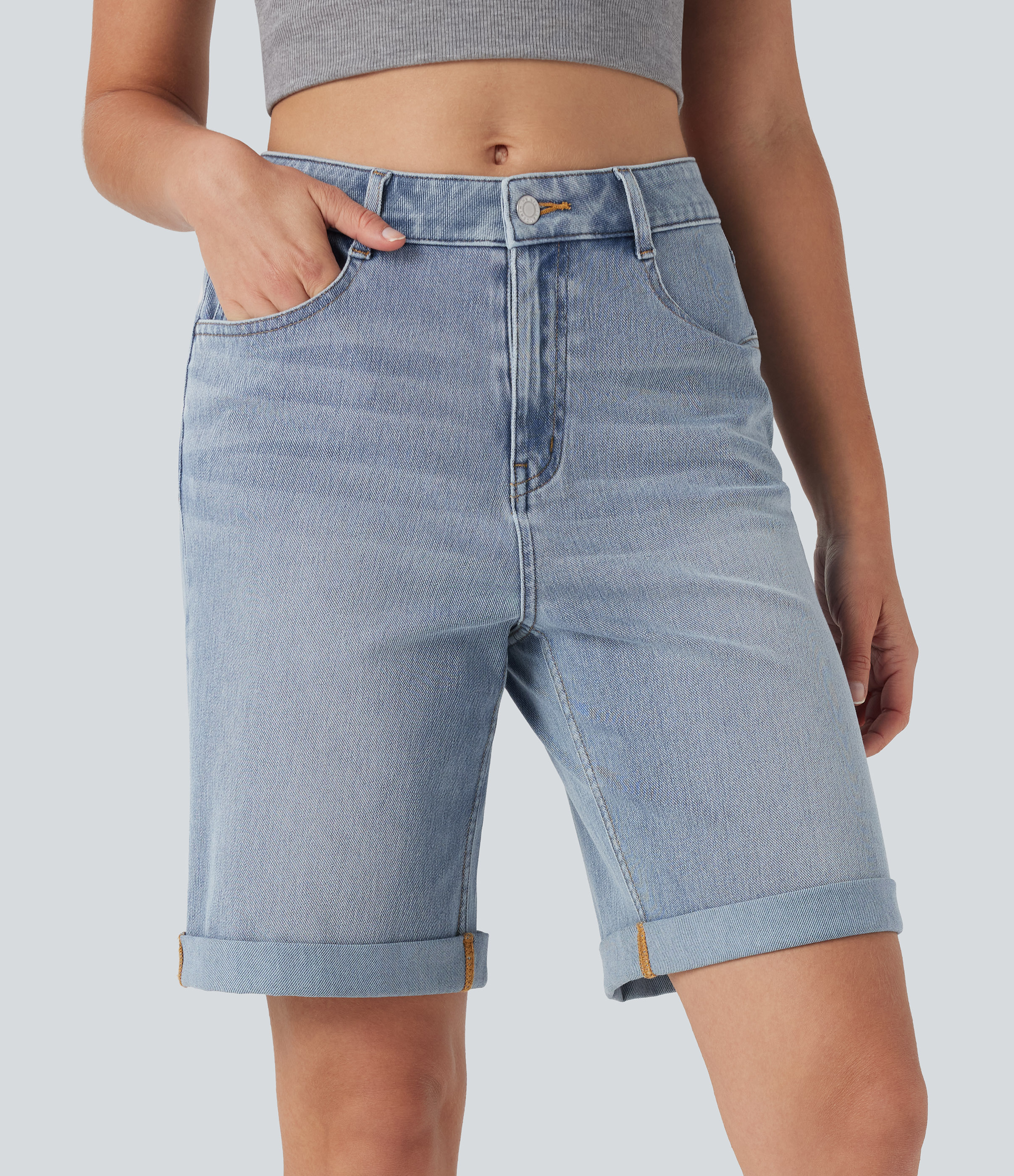 Halara Flex™ High Waisted Pockets Rolled Hem Washed Denim Casual Bermu
