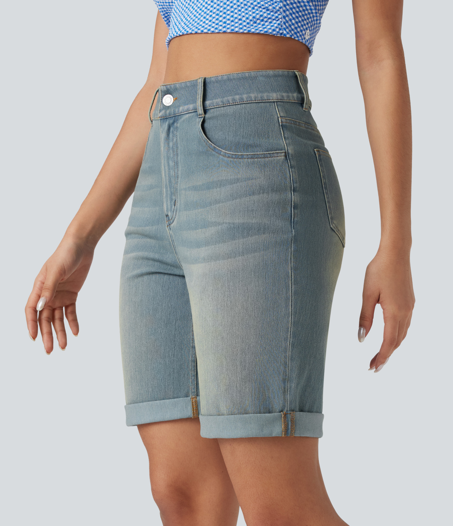 High Waisted Pockets Rolled Hem Washed Denim Casual Bermuda Shorts