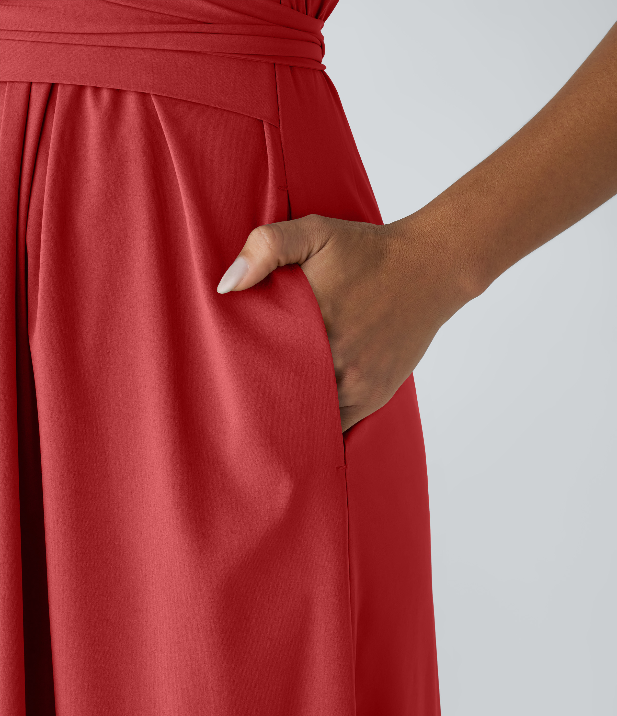 V Neck Short Sleeve Pocket Tie Back Quick Dry Midi Casual Dress-Longer Length