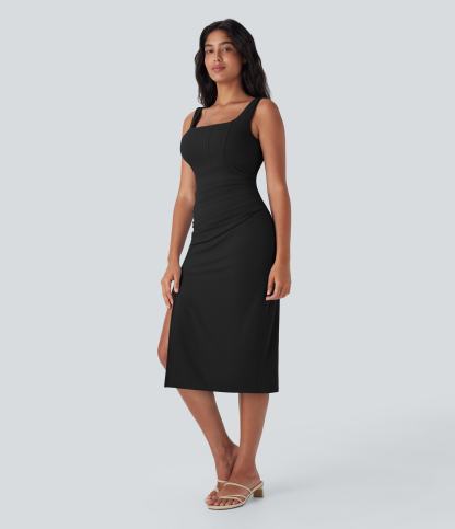 Airy Square Neck Corset Ruched Bodycon Midi Cool Touch Dress-D/DD/DDD/F Cups