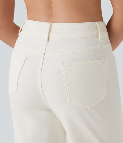 High Waisted Pockets Rolled Hem Washed Denim Casual Bermuda Shorts