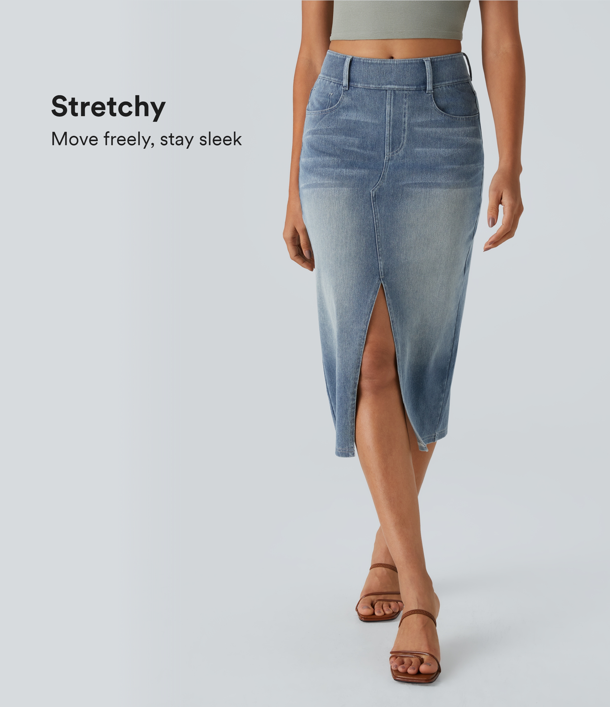 High Waisted Pockets Bodycon Washed Denim Casual Midi Skirt