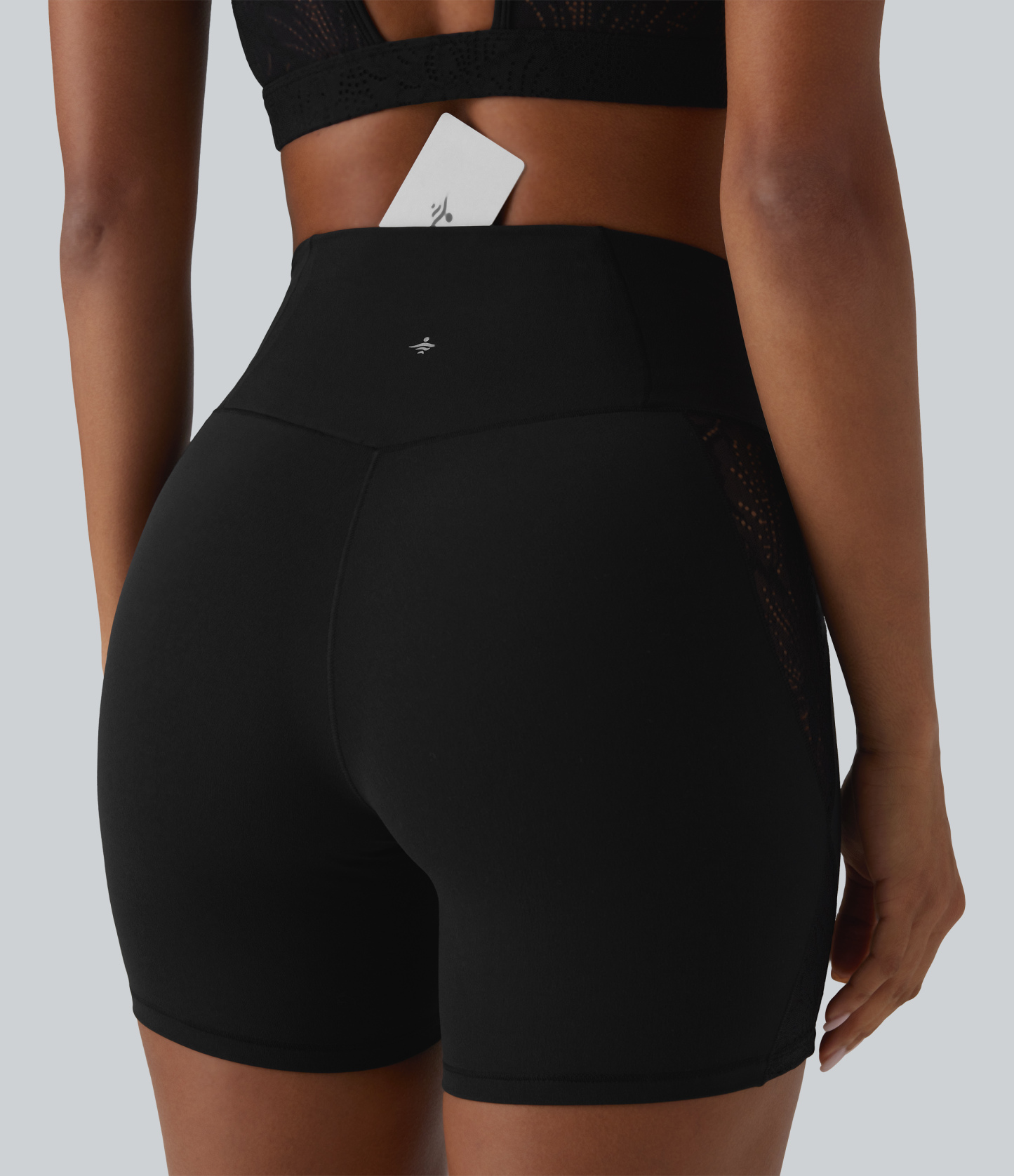 High Waisted Crossover Contrast Lace Built-in Underwear Yoga Biker Shorts 5'' with Pocket-UPF50+
