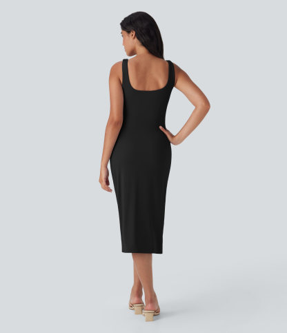Airy Square Neck Corset Ruched Bodycon Midi Cool Touch Dress-D/DD/DDD/F Cups