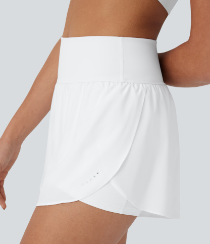 QuickDry High Waisted Reflective Dots Crossover Hem 2-in-1 Pockets Running Shorts