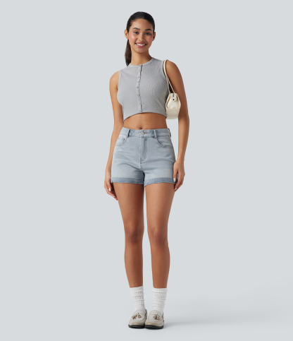 Mid Rise Zipper Pockets Denim Casual Shorts 3''