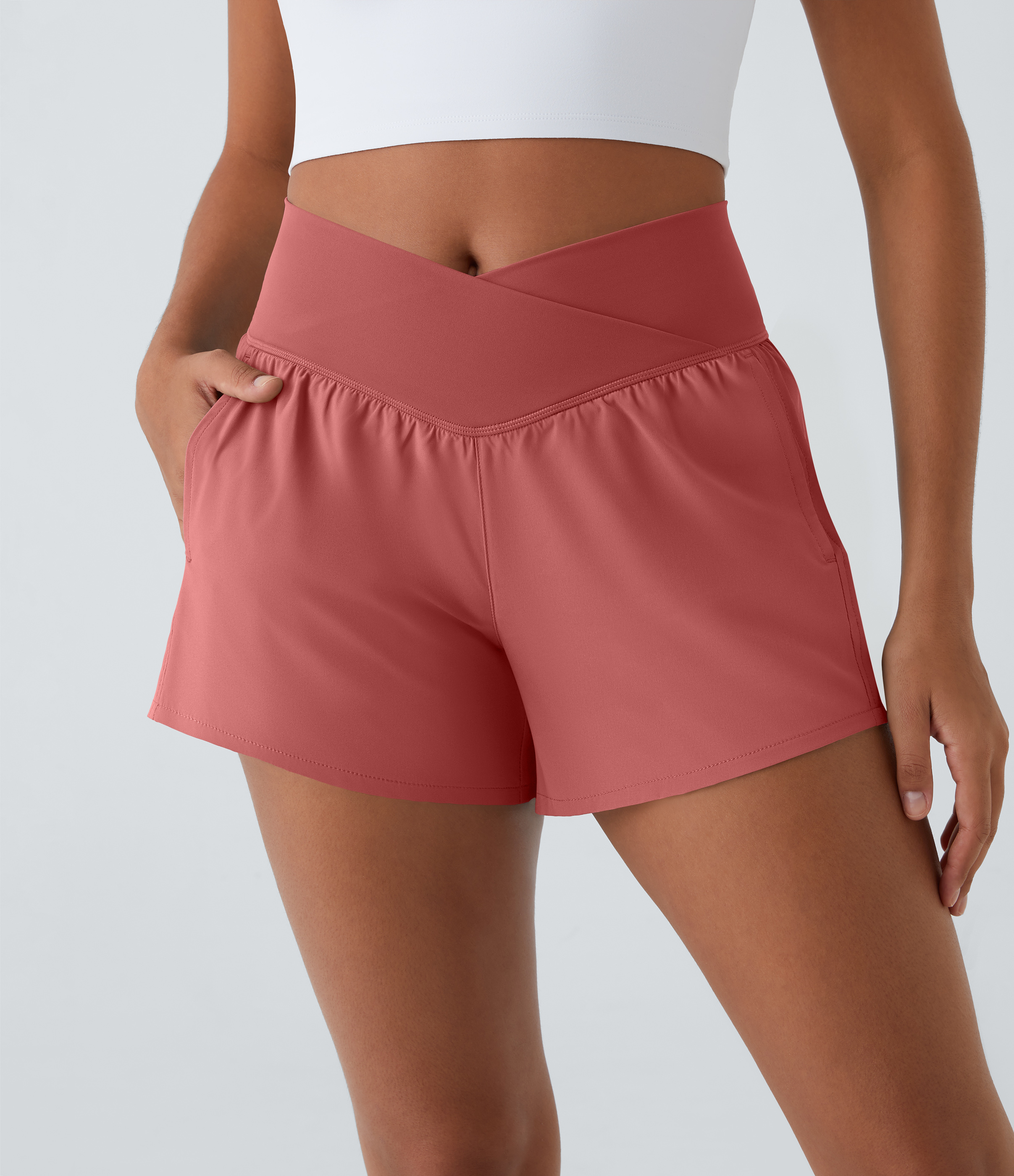 High Waisted Crossover Pocket 2-in-1 Quick Dry Yoga Shorts 4"