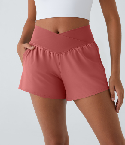 High Waisted Crossover Pocket 2-in-1 Quick Dry Yoga Shorts 4"