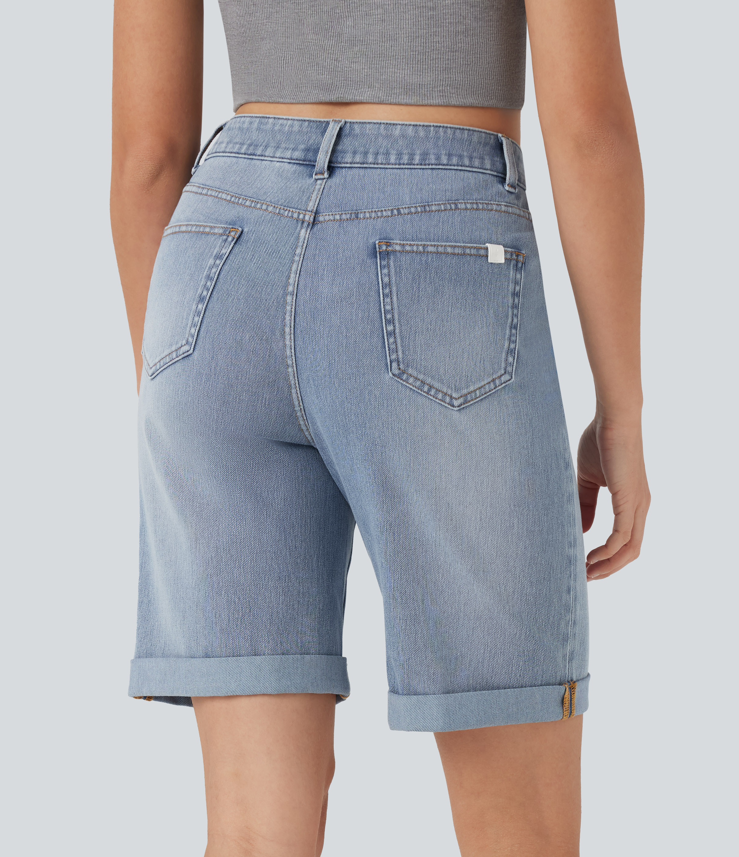 High Waisted Pockets Rolled Hem Washed Denim Casual Bermuda Shorts