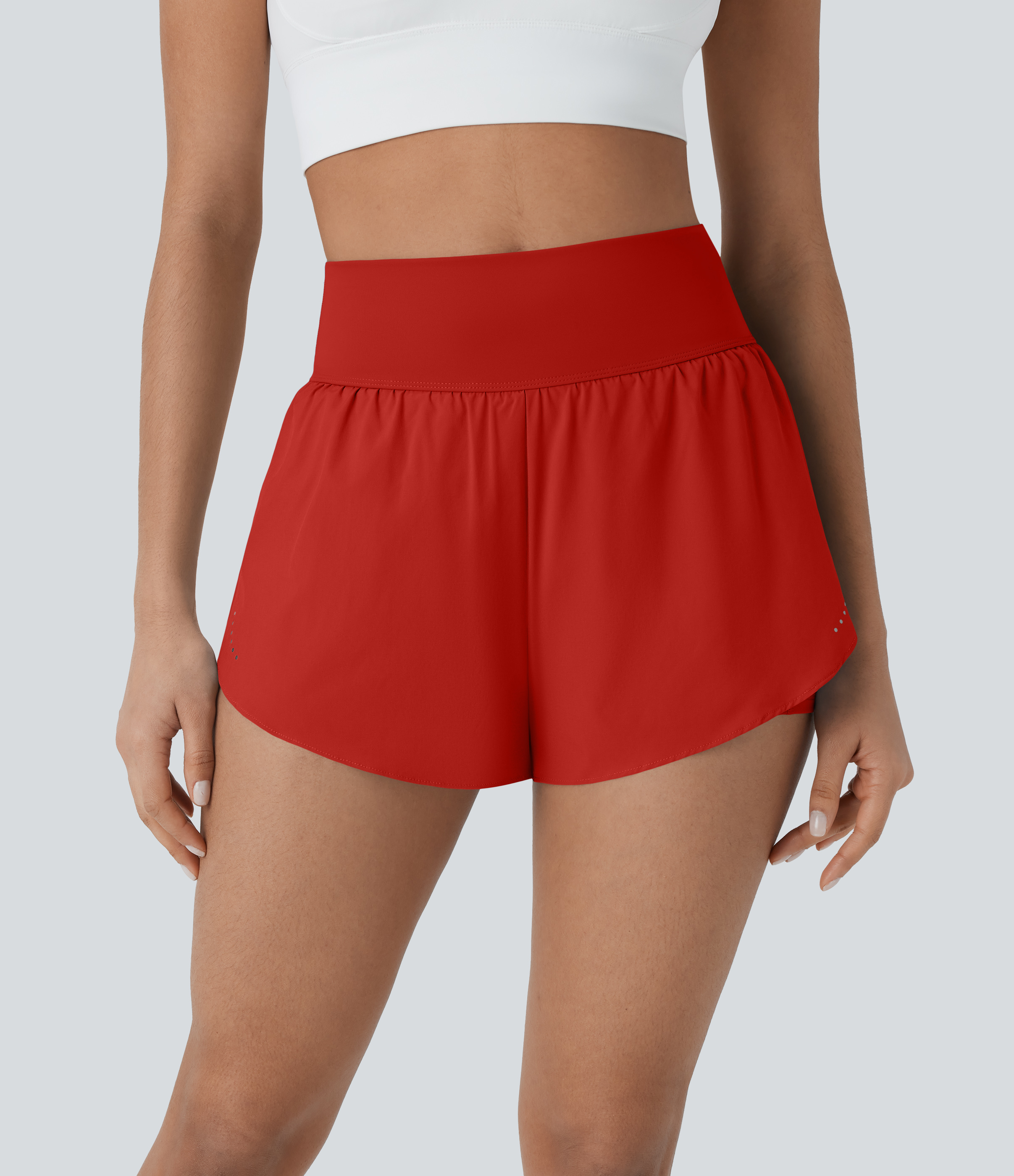 QuickDry High Waisted Reflective Dots Crossover Hem 2-in-1 Pockets Running Shorts