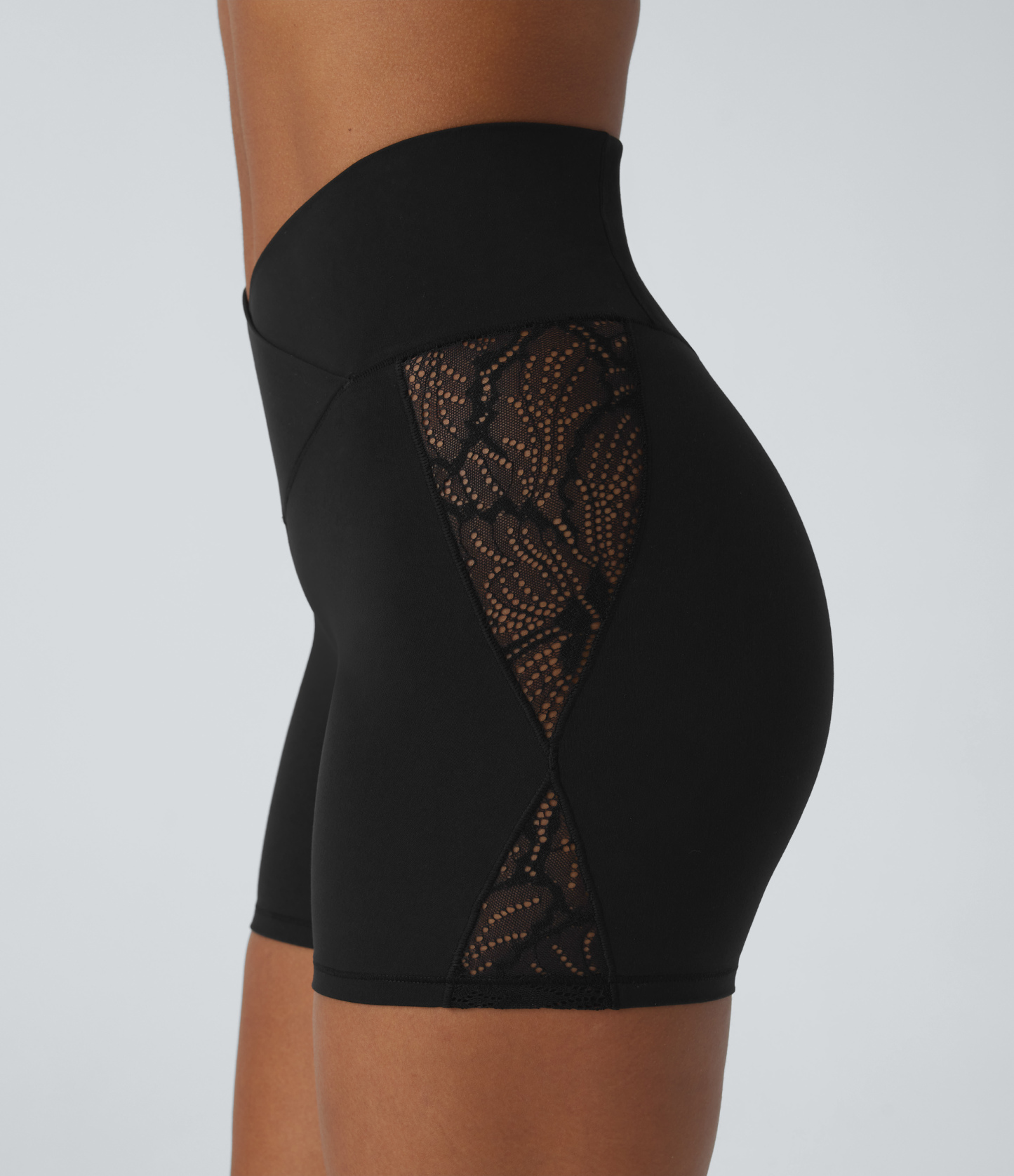 High Waisted Crossover Contrast Lace Built-in Underwear Yoga Biker Shorts 5'' with Pocket-UPF50+