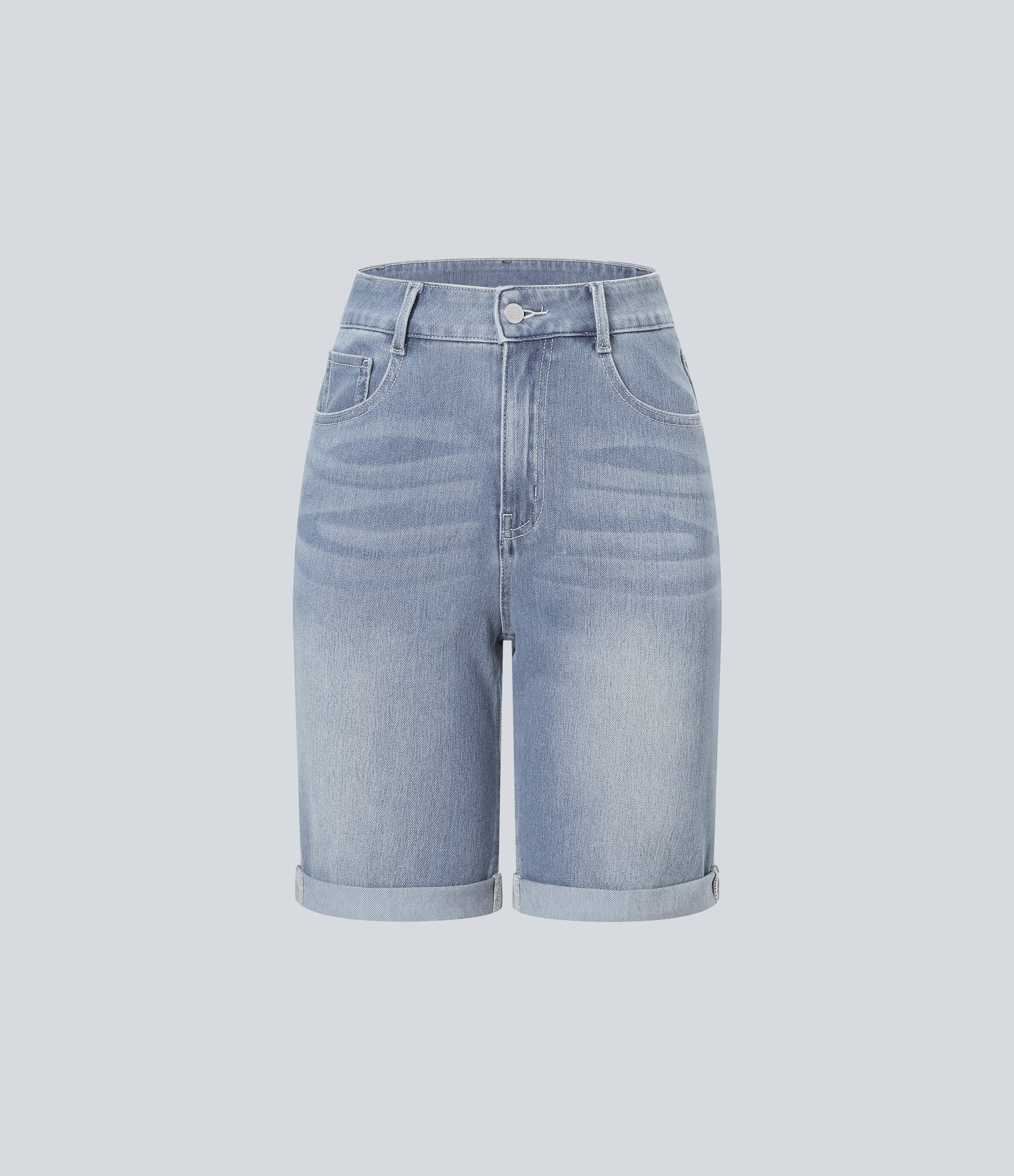 High Waisted Pockets Rolled Hem Washed Denim Casual Bermuda Shorts