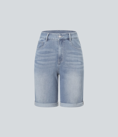 High Waisted Pockets Rolled Hem Washed Denim Casual Bermuda Shorts