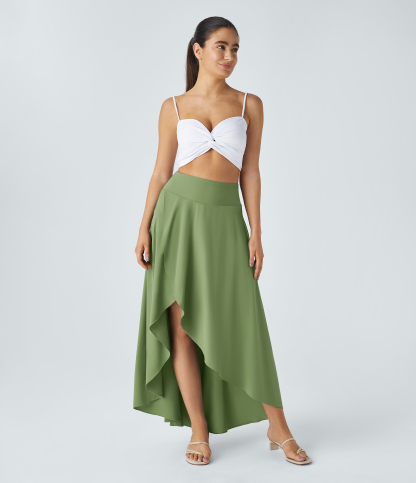 High Waisted High Low Ruffle 2-in-1 Flowy Quick Dry Casual Regular Maxi Skirt