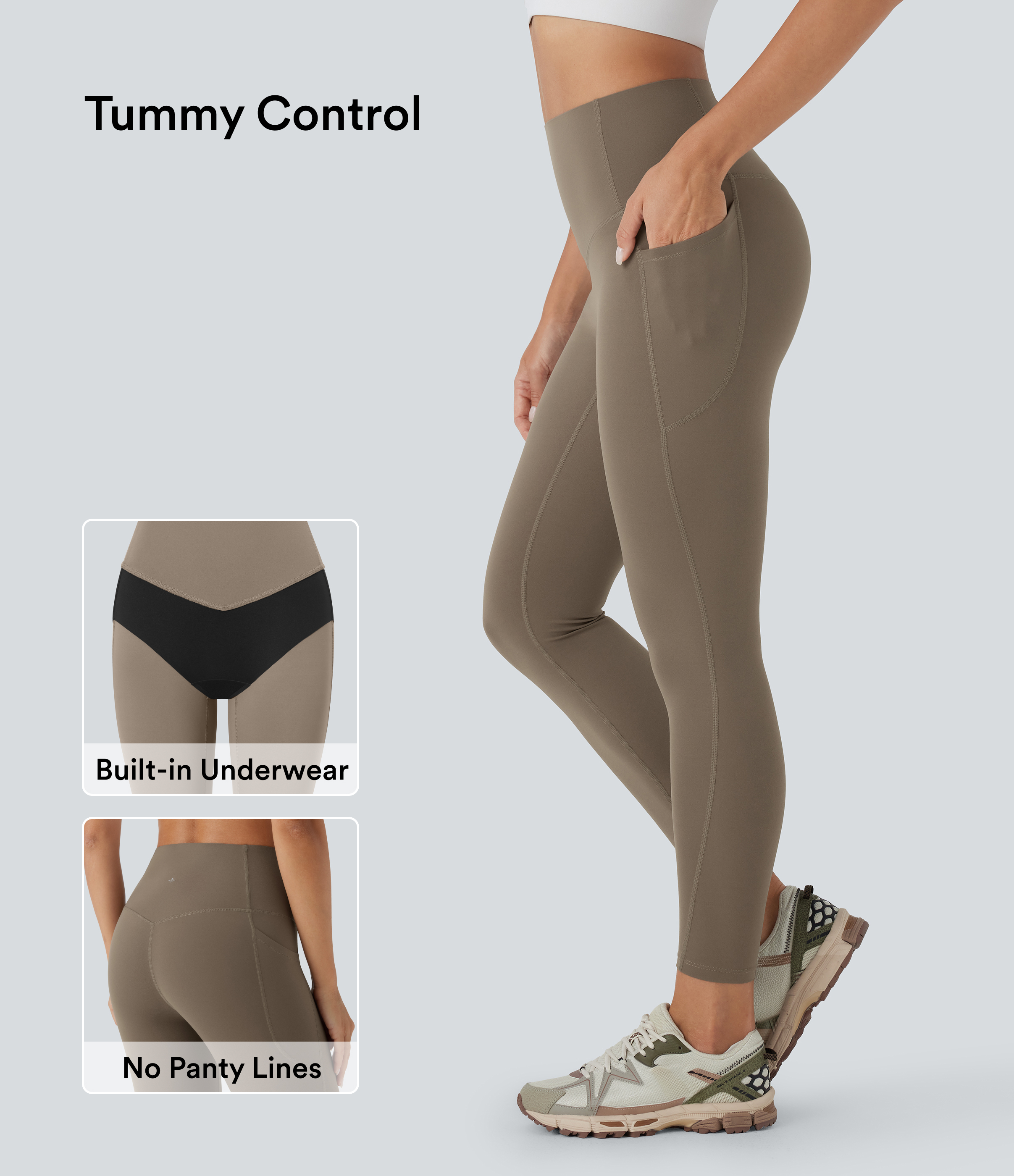 SoCinched High Waisted Tummy Control Built-in Underwear Anti-Bacterial Shaping 7/8 Workout Leggings with Pockets