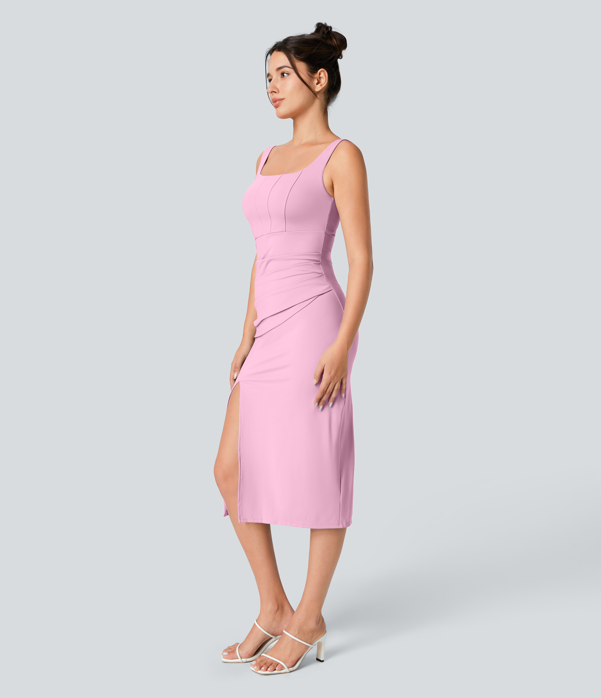 Airy Square Neck Backless Corset Ruched Split Bodycon Midi Cool Touch Bridesmaid and Wedding Guest Dress