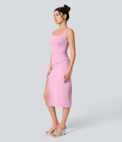 Airy Square Neck Backless Corset Ruched Split Bodycon Midi Cool Touch Bridesmaid and Wedding Guest Dress