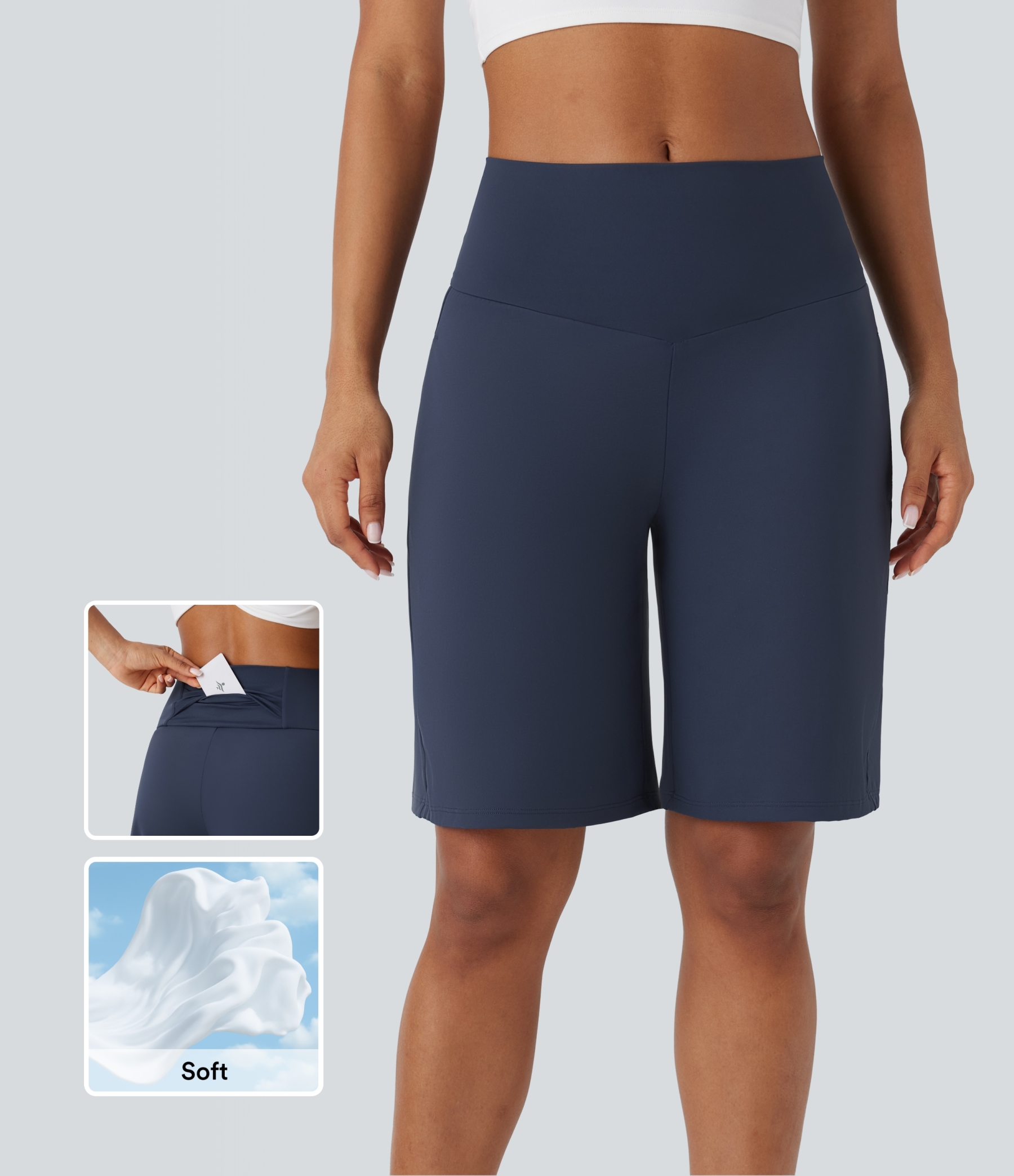 Airy High Waisted Pockets Cool Touch Yoga Bermuda Shorts