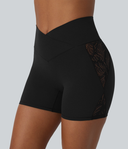 High Waisted Crossover Contrast Lace Built-in Underwear Yoga Biker Shorts 5'' with Pocket-UPF50+