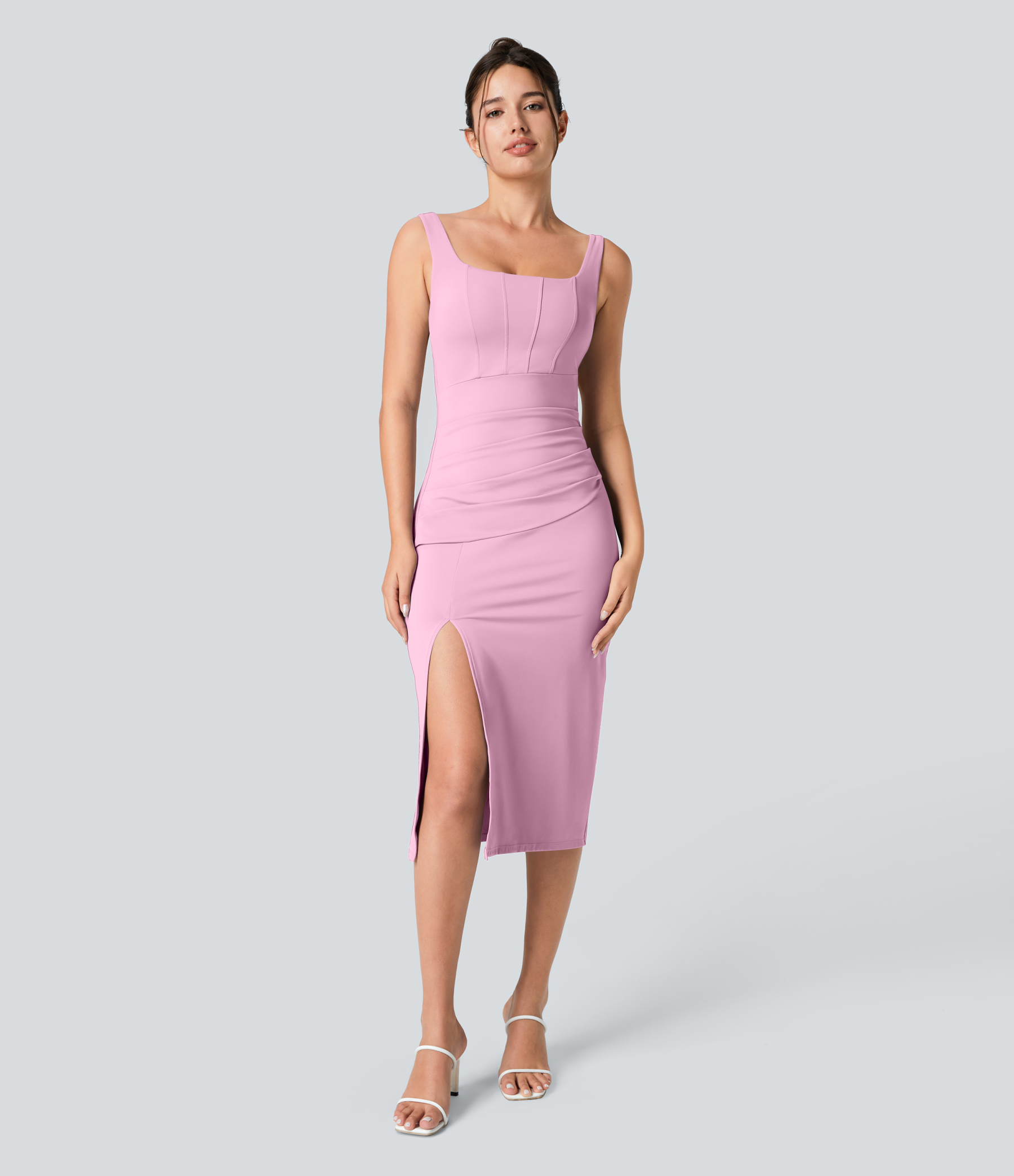 Airy Square Neck Backless Corset Ruched Split Bodycon Midi Cool Touch Bridesmaid and Wedding Guest Dress