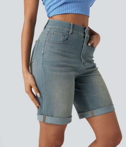 High Waisted Pockets Rolled Hem Washed Denim Casual Bermuda Shorts