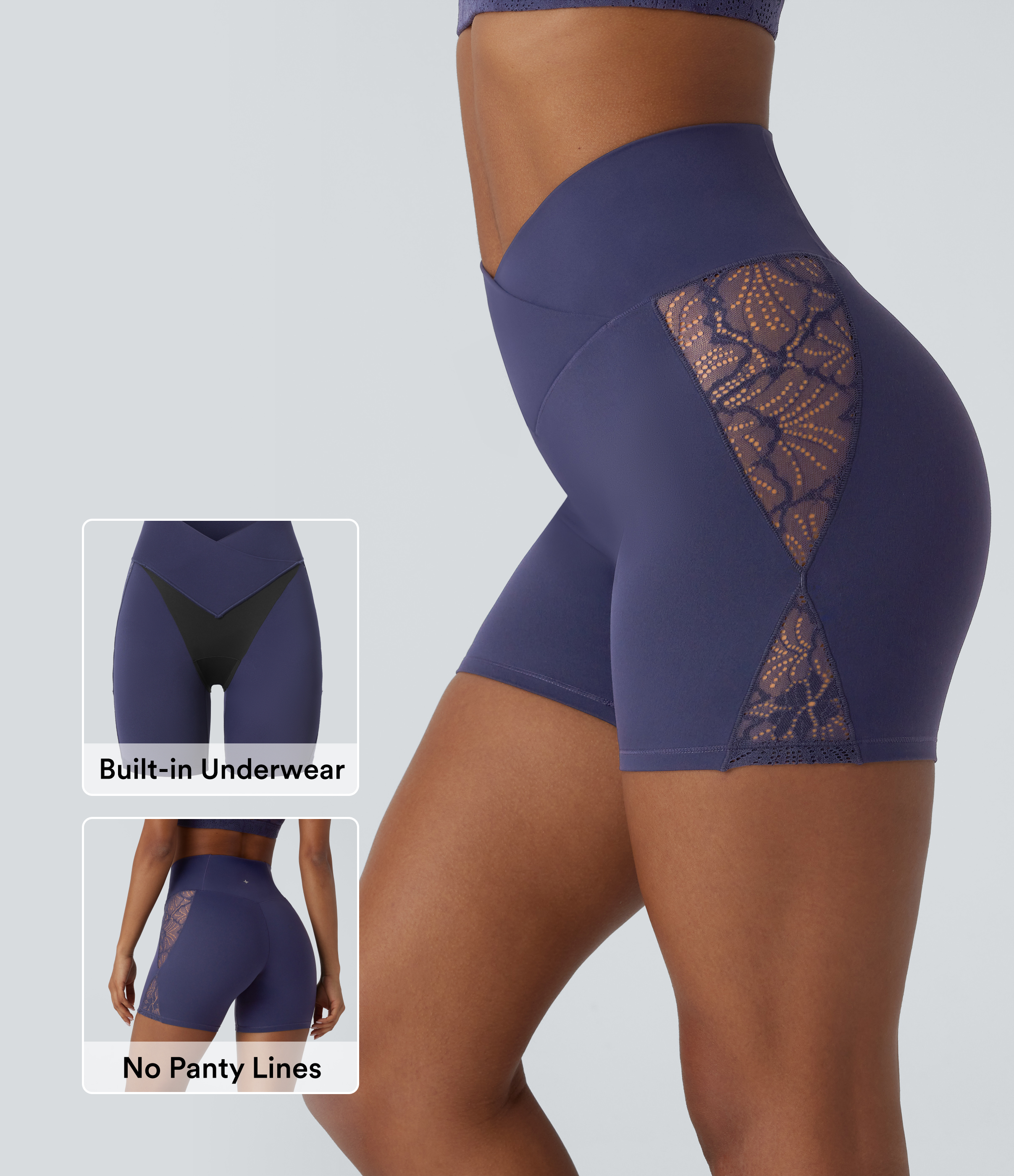 High Waisted Crossover Contrast Lace Built-in Underwear Yoga Biker Shorts 5'' with Pocket-UPF50+