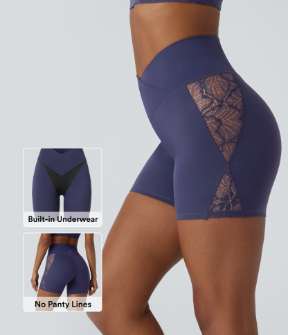 High Waisted Crossover Contrast Lace Built-in Underwear Yoga Biker Shorts 5'' with Pocket-UPF50+