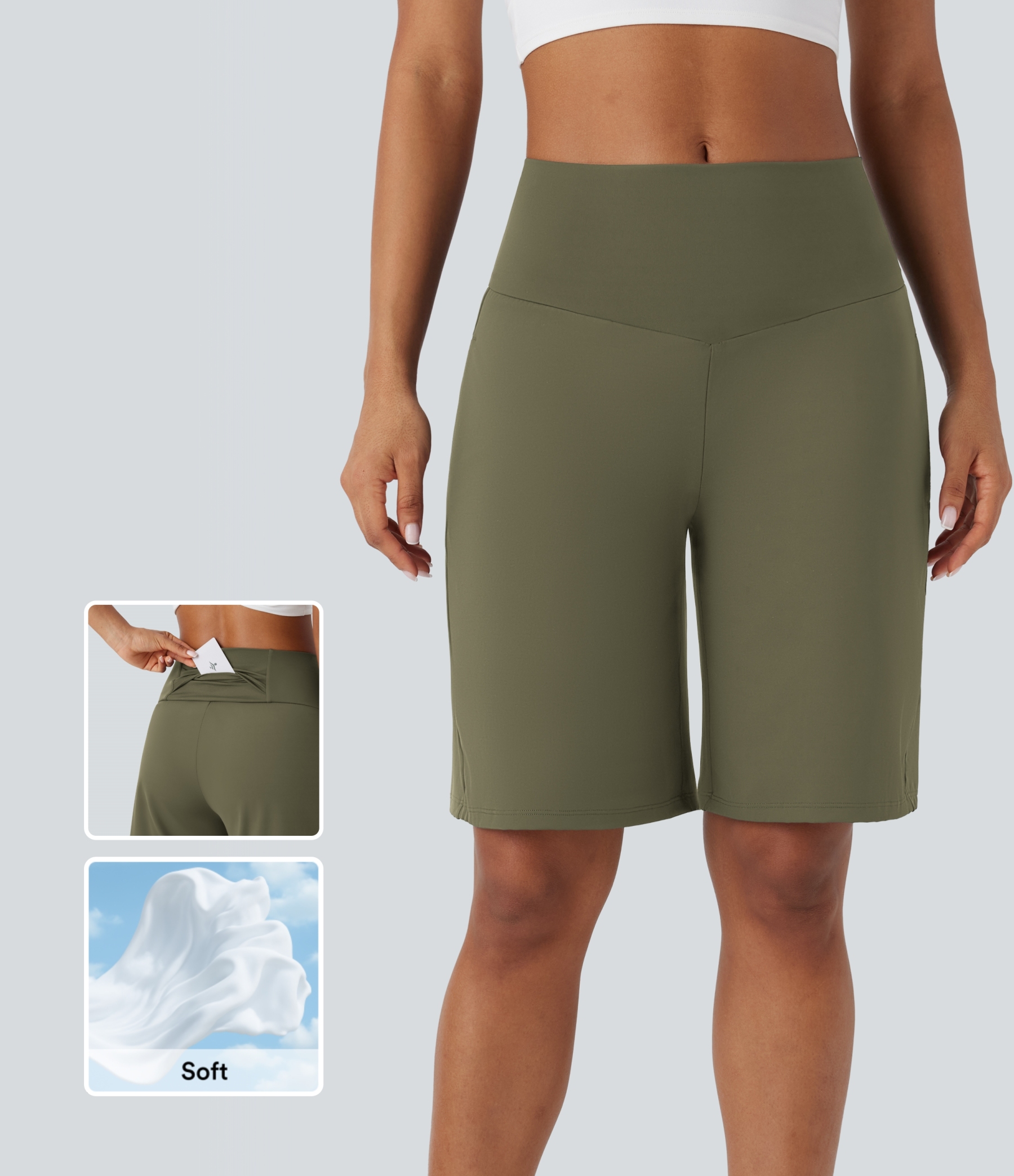 Airy High Waisted Pockets Cool Touch Yoga Bermuda Shorts