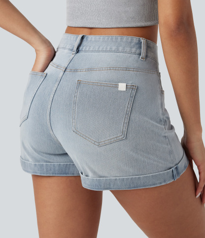 Mid Rise Zipper Pockets Denim Casual Shorts 3''