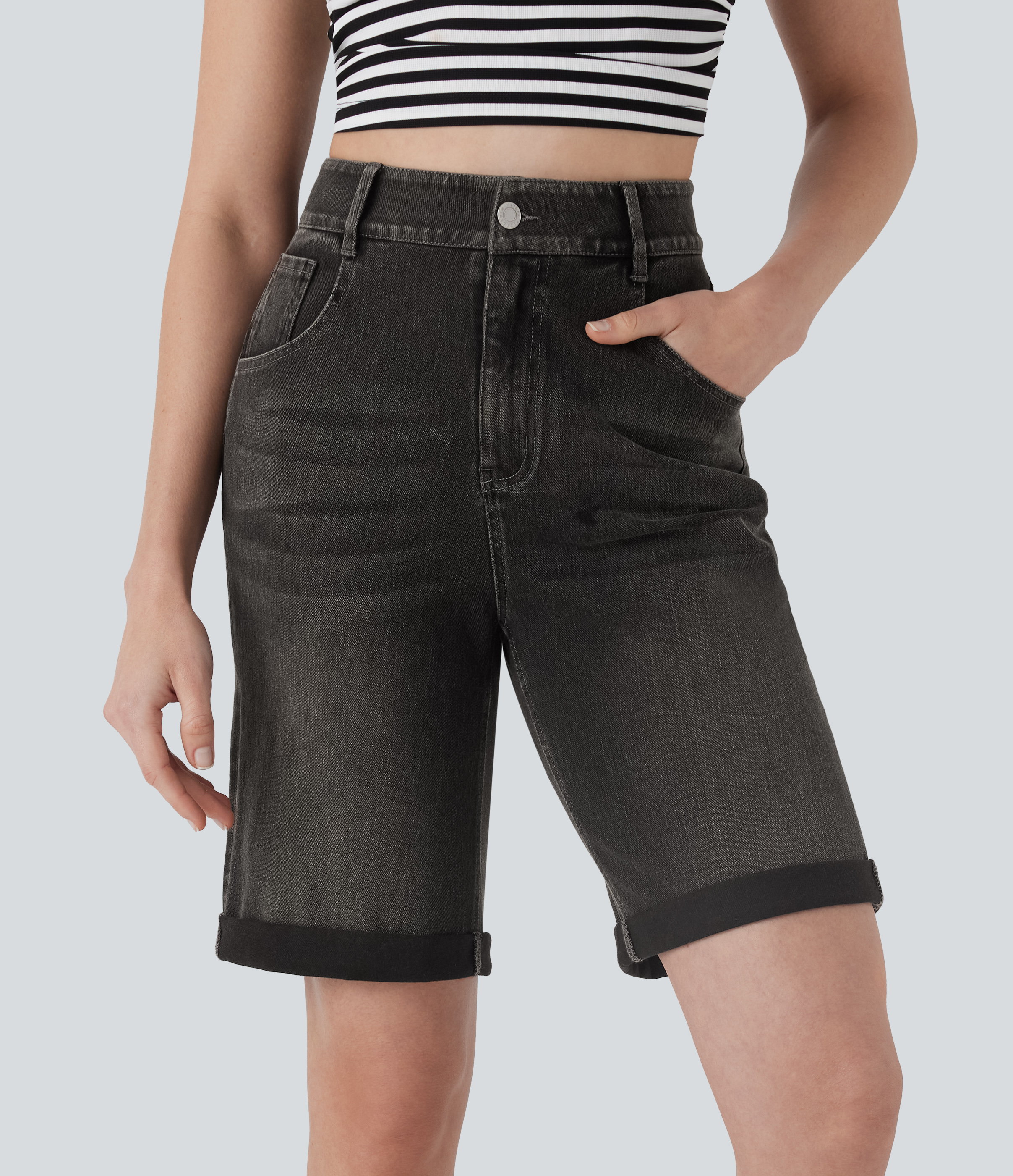 Halara Flex™ High Waisted Pockets Rolled Hem Washed Denim Casual Bermu
