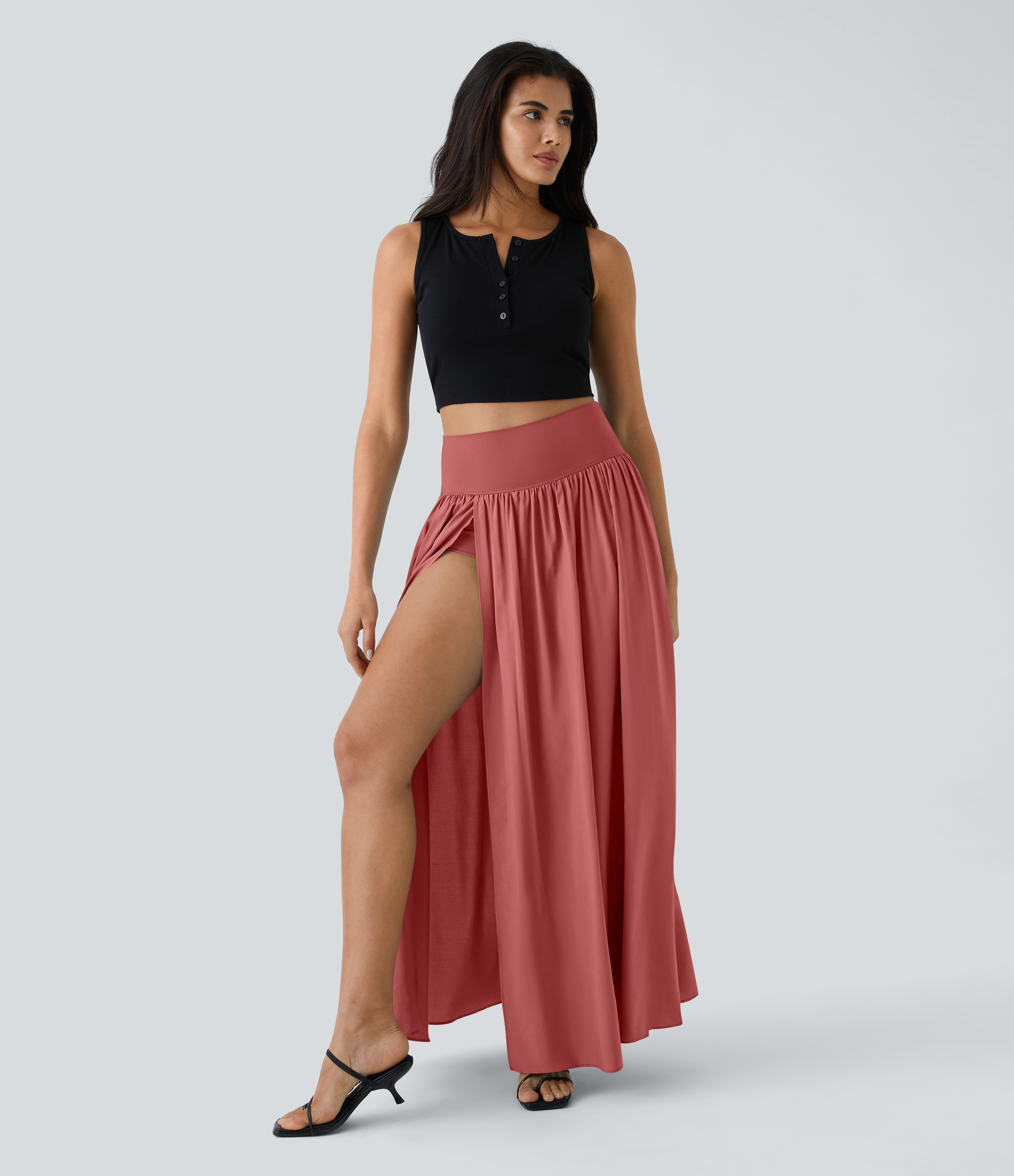 High Waisted Split 2-in-1 Flowy Quick Dry Maxi Casual Skirt
