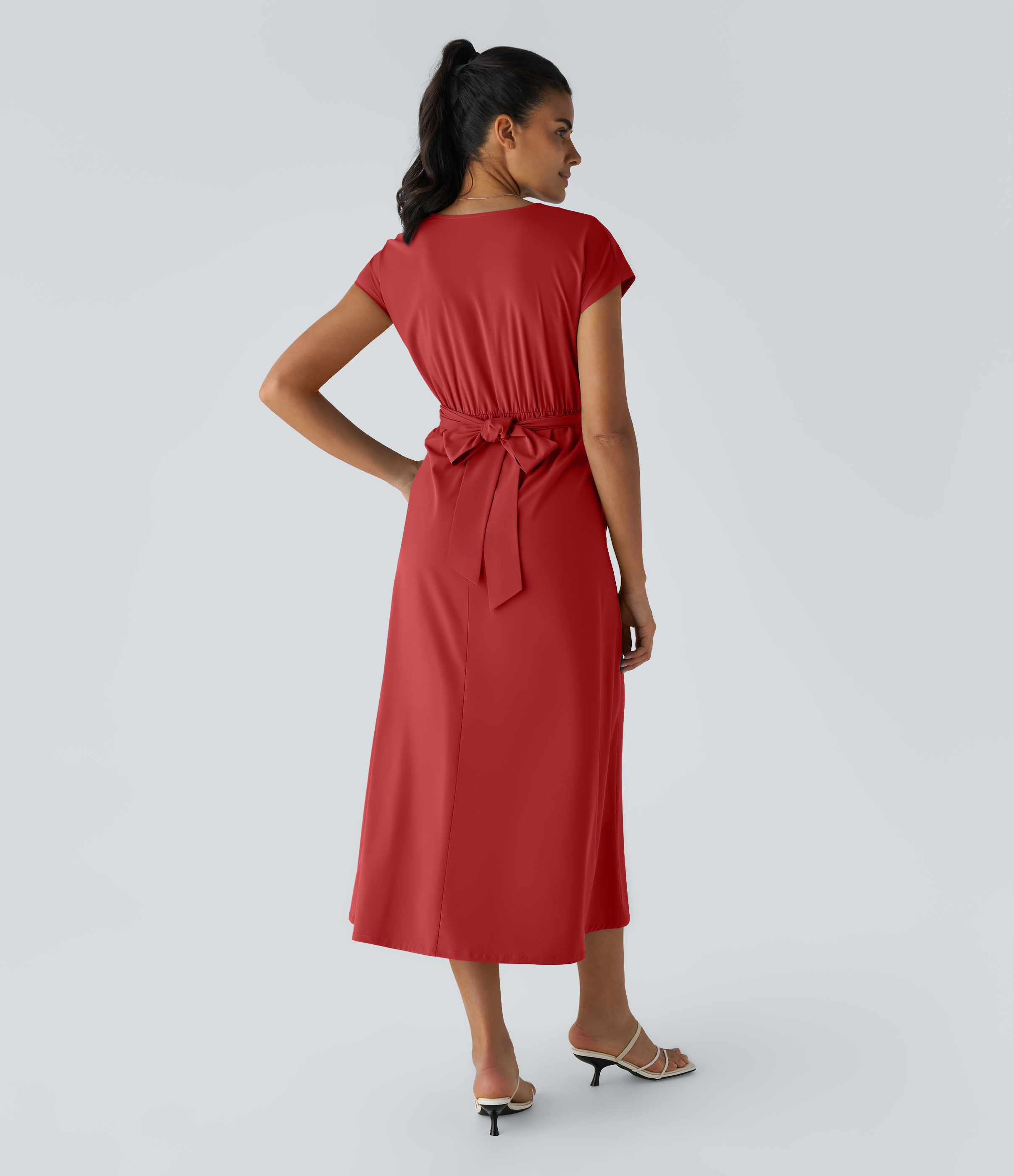 V Neck Short Sleeve Pocket Tie Back Quick Dry Midi Casual Dress-Longer Length