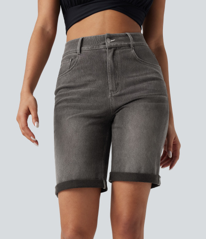 High Waisted Pockets Rolled Hem Washed Denim Casual Bermuda Shorts