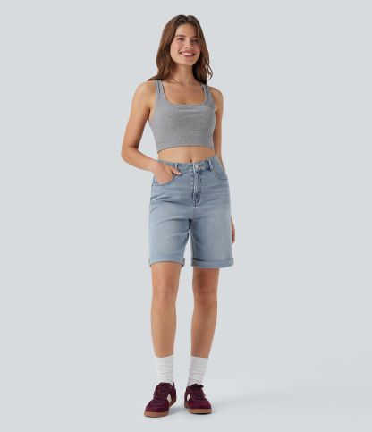 High Waisted Pockets Rolled Hem Washed Denim Casual Bermuda Shorts