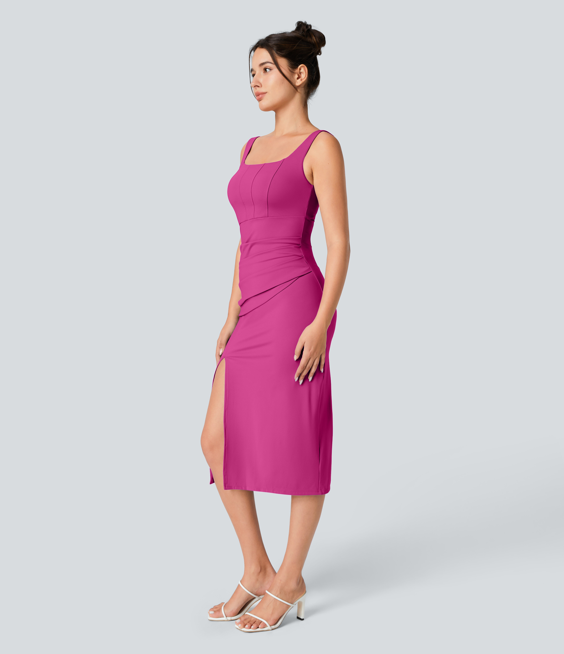 Airy Square Neck Backless Corset Ruched Split Bodycon Midi Cool Touch Bridesmaid and Wedding Guest Dress