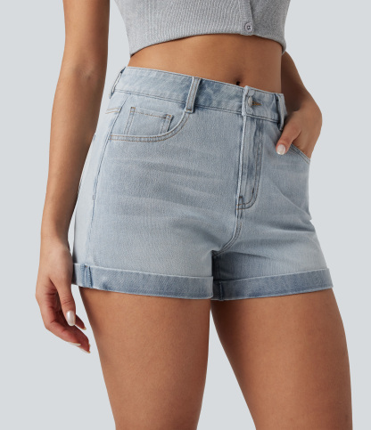 Mid Rise Zipper Pockets Denim Casual Shorts 3''