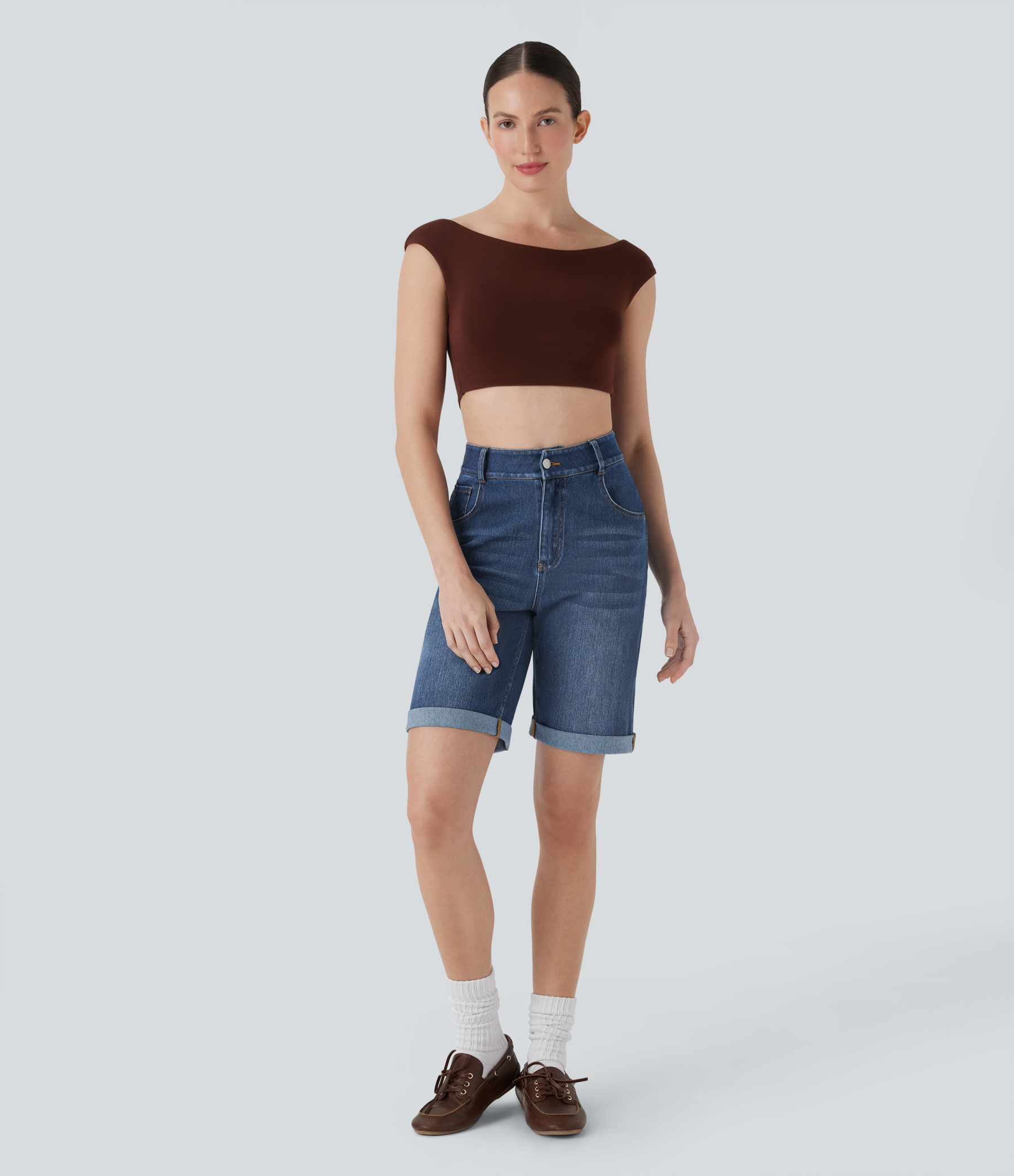 High Waisted Pockets Rolled Hem Washed Denim Casual Bermuda Shorts