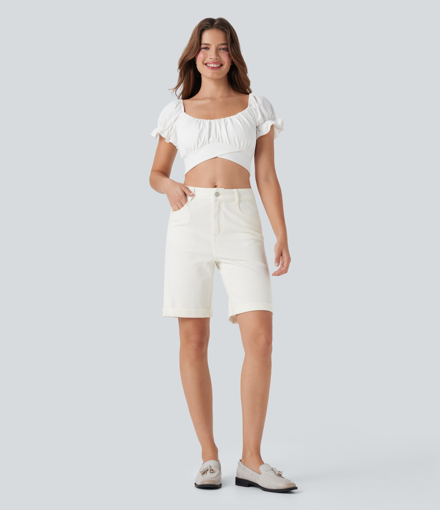 High Waisted Pockets Rolled Hem Washed Denim Casual Bermuda Shorts