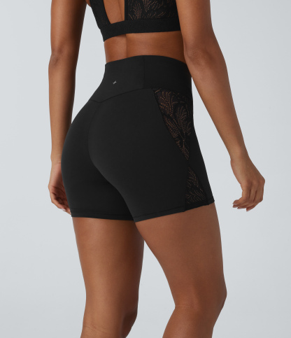 High Waisted Crossover Contrast Lace Built-in Underwear Yoga Biker Shorts 5'' with Pocket-UPF50+