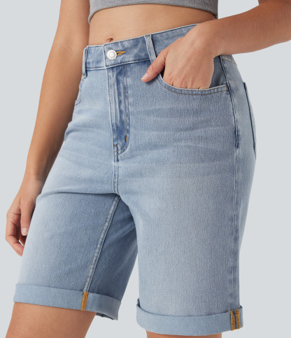 High Waisted Pockets Rolled Hem Washed Denim Casual Bermuda Shorts