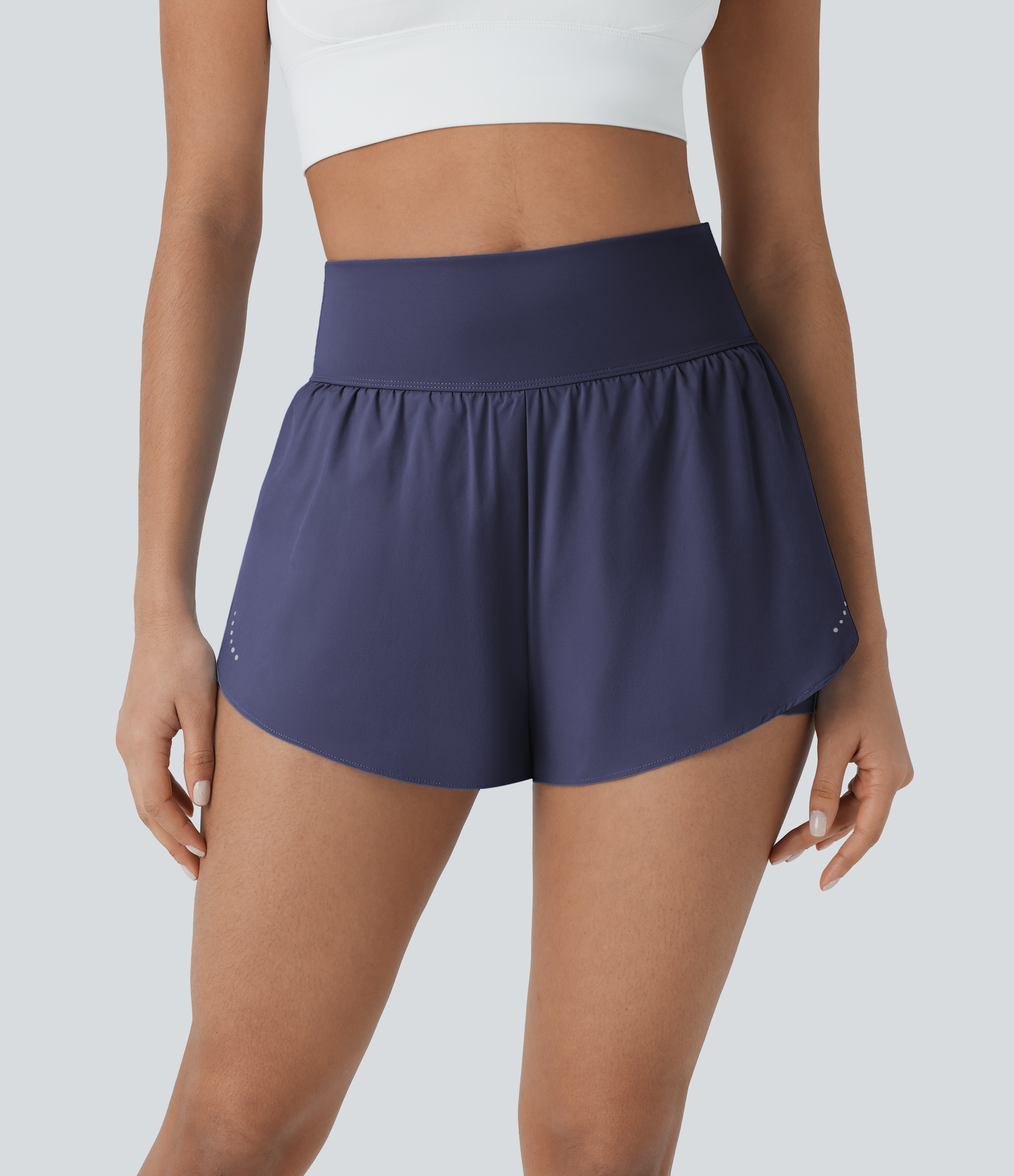 QuickDry High Waisted Reflective Dots Crossover Hem 2-in-1 Pockets Running Shorts